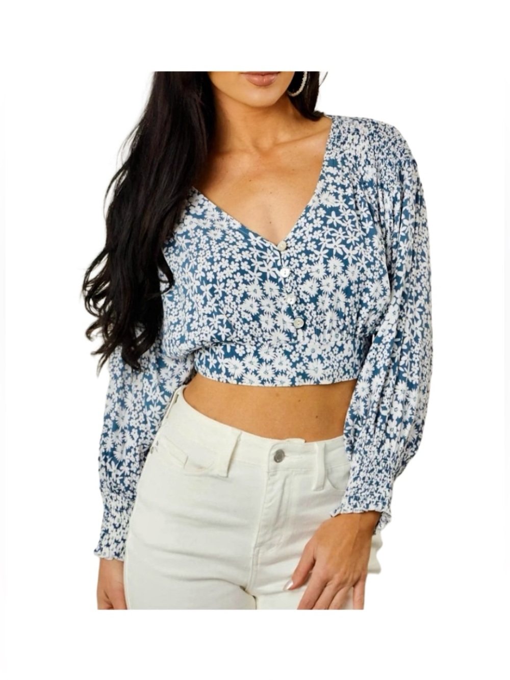 Angie Cropped V-Neck Long Sleeve Floral Print Blouse